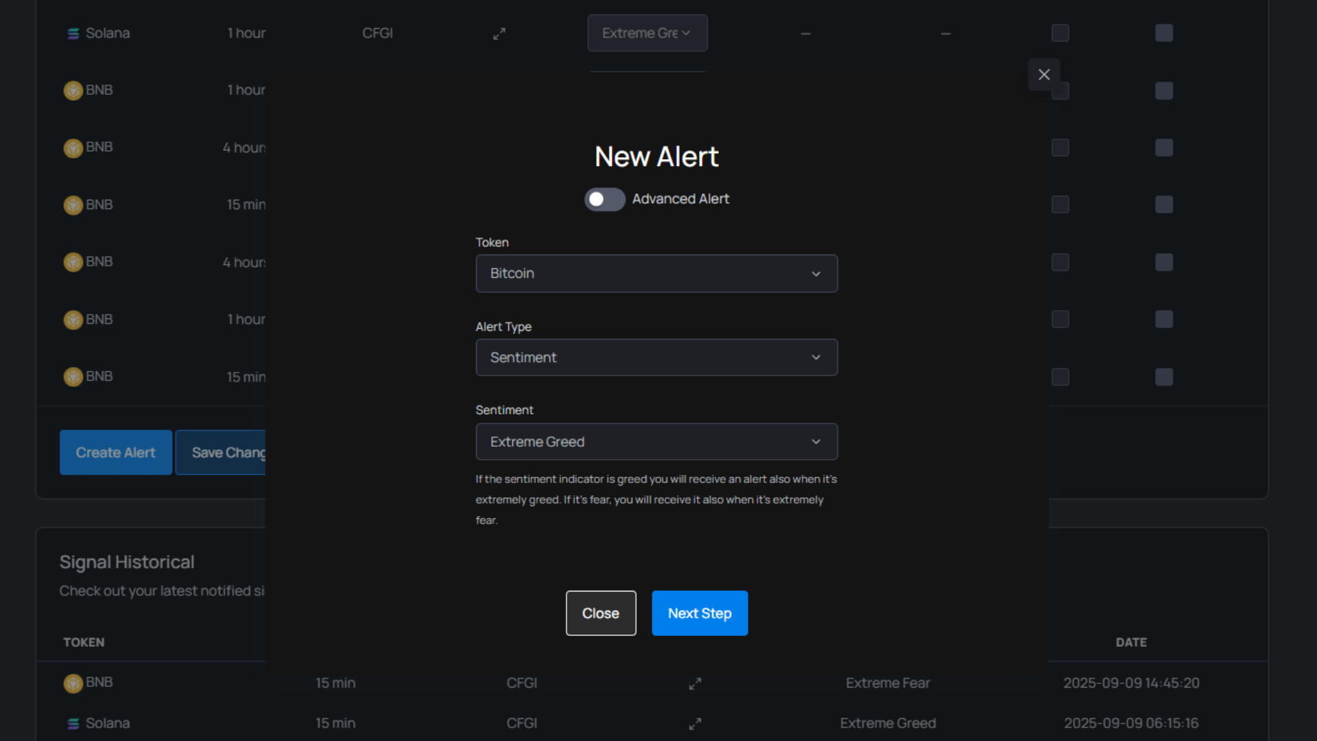 Step 1 - Select Token, Alert Type & Sentiment